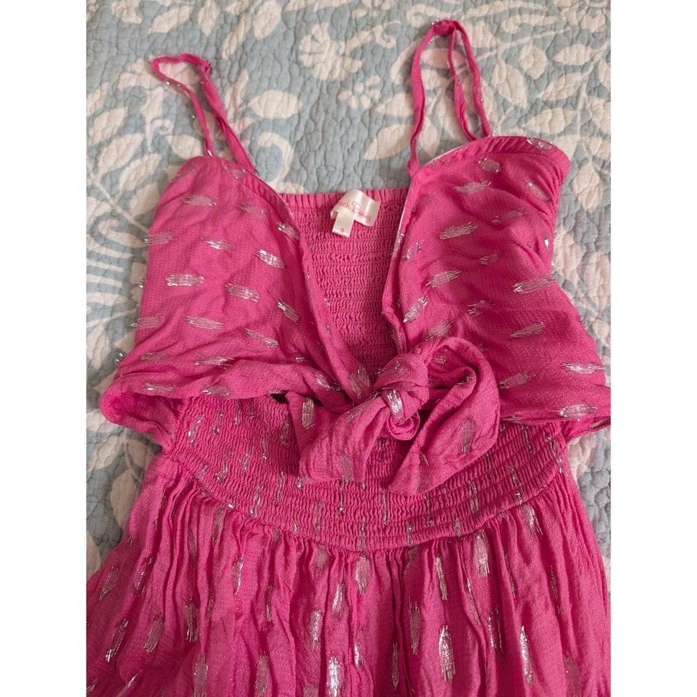 Beach Bunny Pink Metallic Shimmer‎ Wide Leg Tiered Jumpsuit Womens Small Boho - Picture 4 of 11